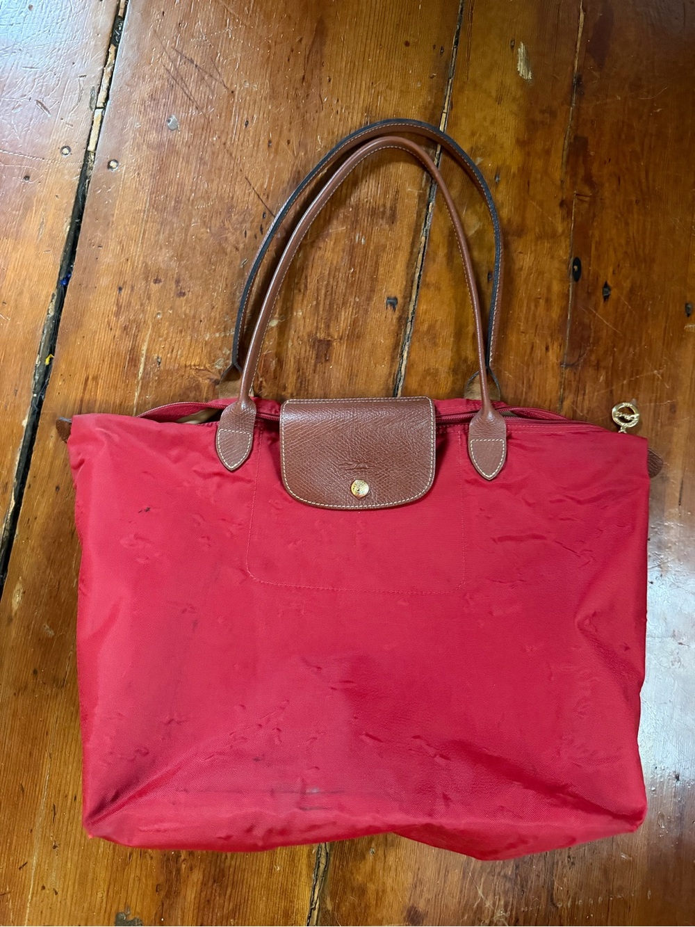 Longchamp Red Tote with Brown Leather Trim